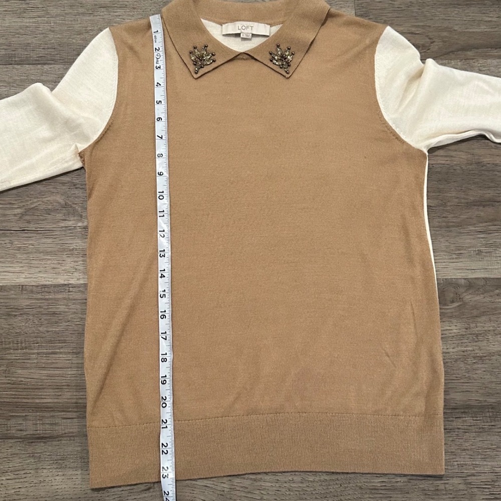 LOFT Womens Medium Wool Blend Beaded Collared Sweater Camel Beige Cream Jewel - Picture 12 of 12